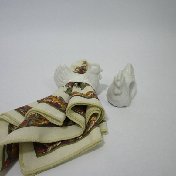Rooster Hen Napkin Ring Holders White Porcelain Ceramic Set of 2 Countrycore - Picture 2 of 5